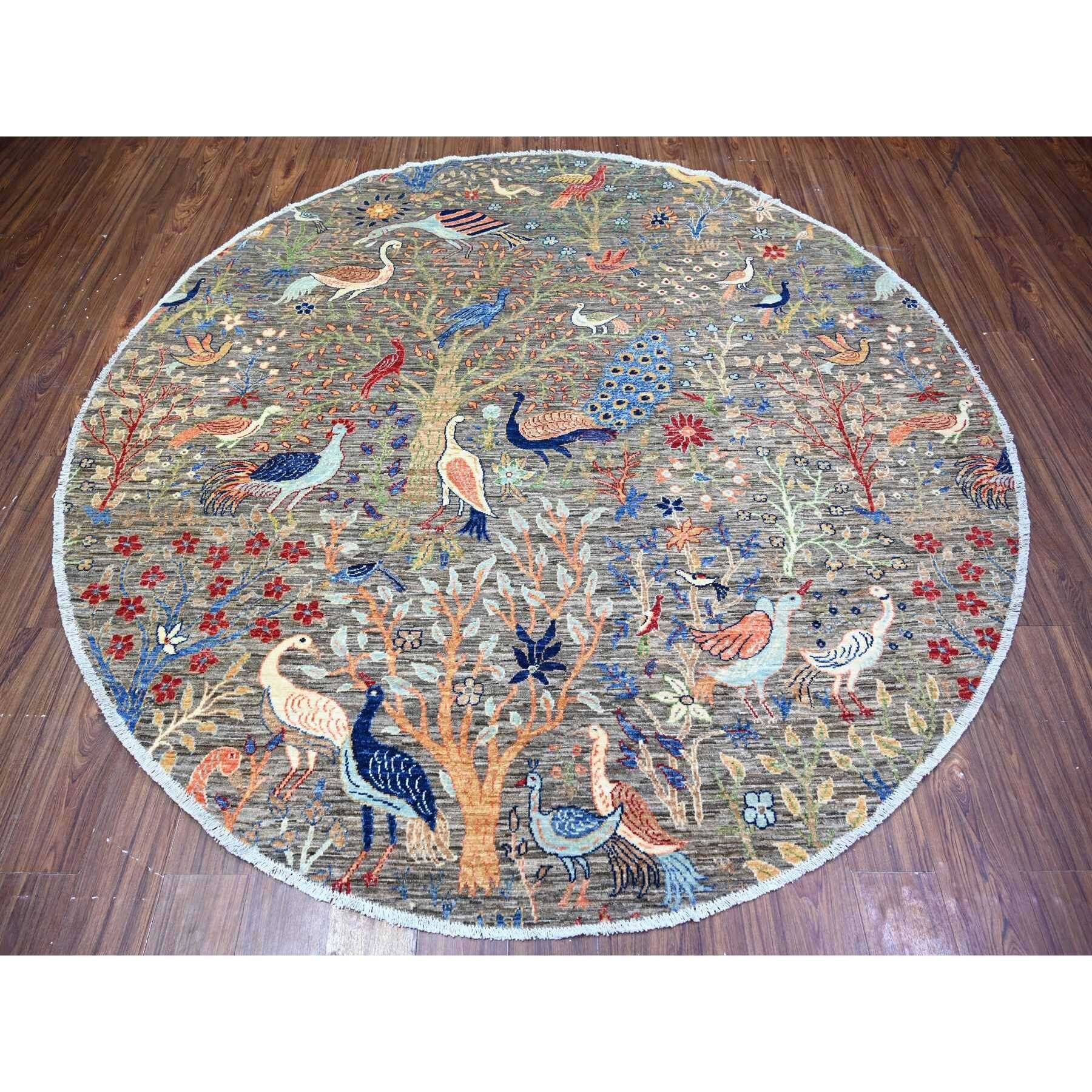 Shahbanu Rugs Cloud Gray Wool Afghan Peshawar with Birds of Paradise